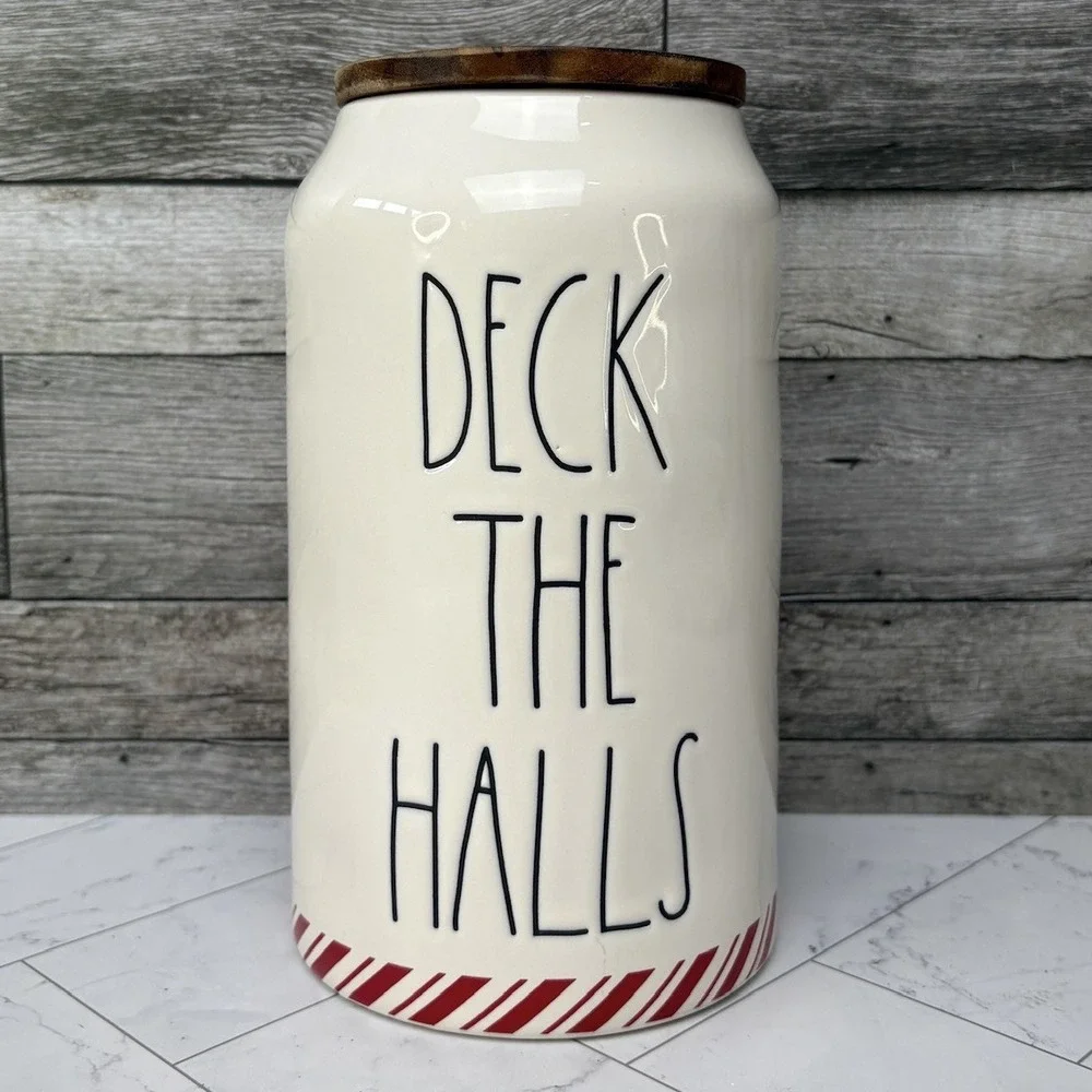 Rae Dunn - Deck The Hall Ceramic Canisters w/ Wooden Lid - Artisan Coll. Magenta